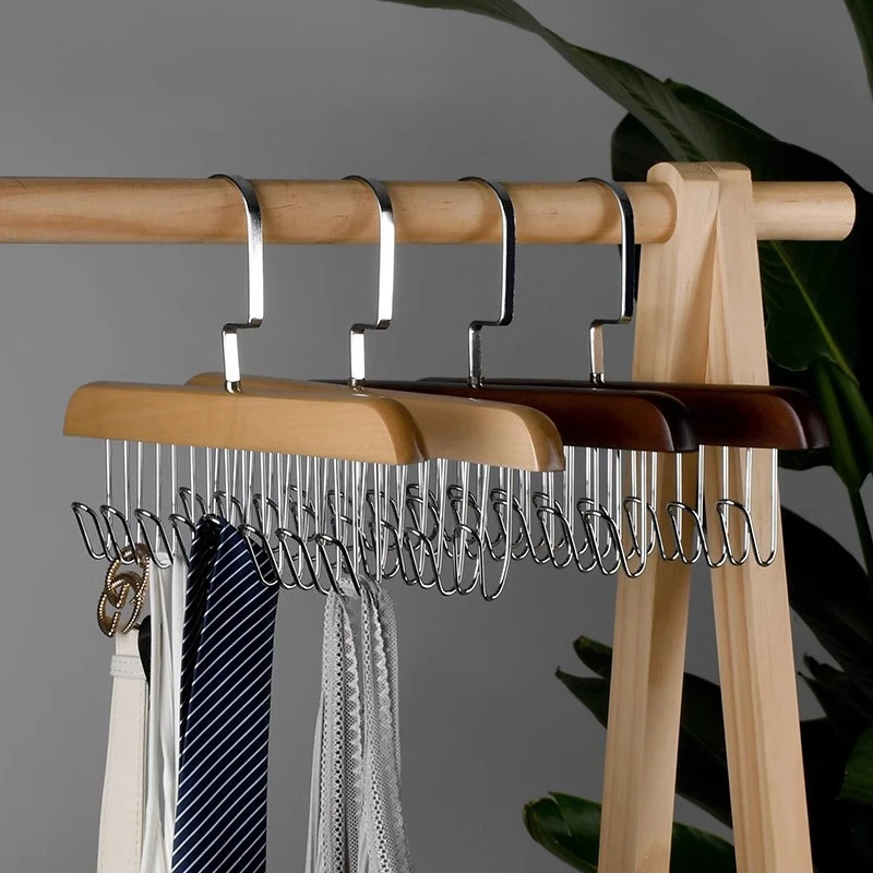 

Multi-Hook Wooden Scarf Hanger Space Saving Hanger Home Wardrobe Hanger Organizer Underwear Storage Rack Wood Color Durable