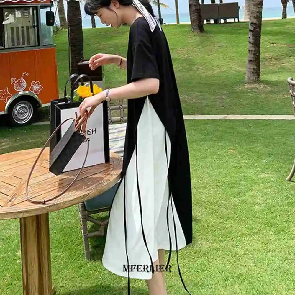 Large Size 5XL 150KG Summer Split Dress For Women Harajuku Short Sleeve O Neck Lady Black Casual Casual Dresses