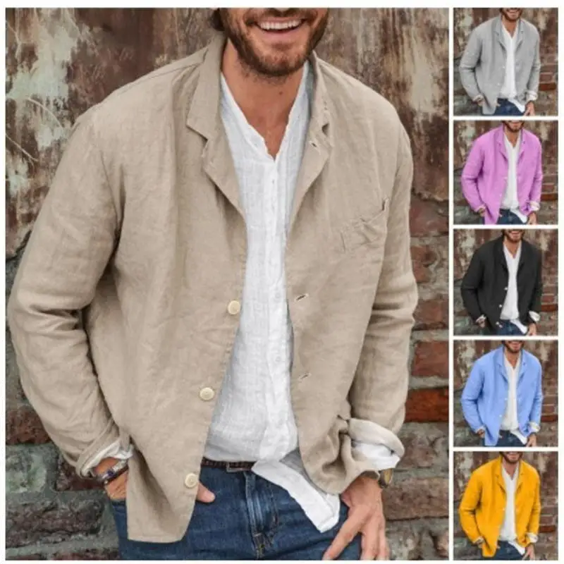 

Casual Cotton Linen Long Sve Open Cardigan Men's Trendy Loose Fit Autumn Jaet Youthful Sle Single Button Closure