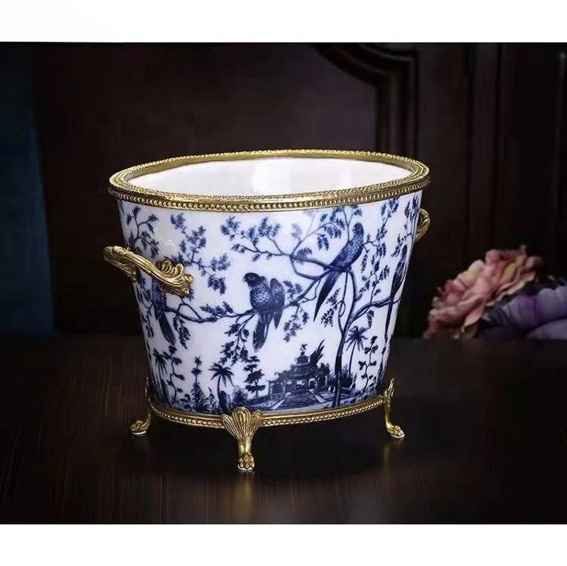 Ceramic vases new 2024 blue and withe vases European ice bucket and flower pot for home decoration