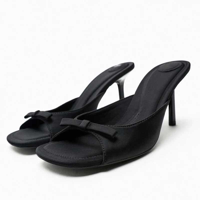 

Spring 2024 New Bla Women's High Heel Sandals Knot Decorated Fabric Toe-Open Square Head Mules Faionable Slip-On