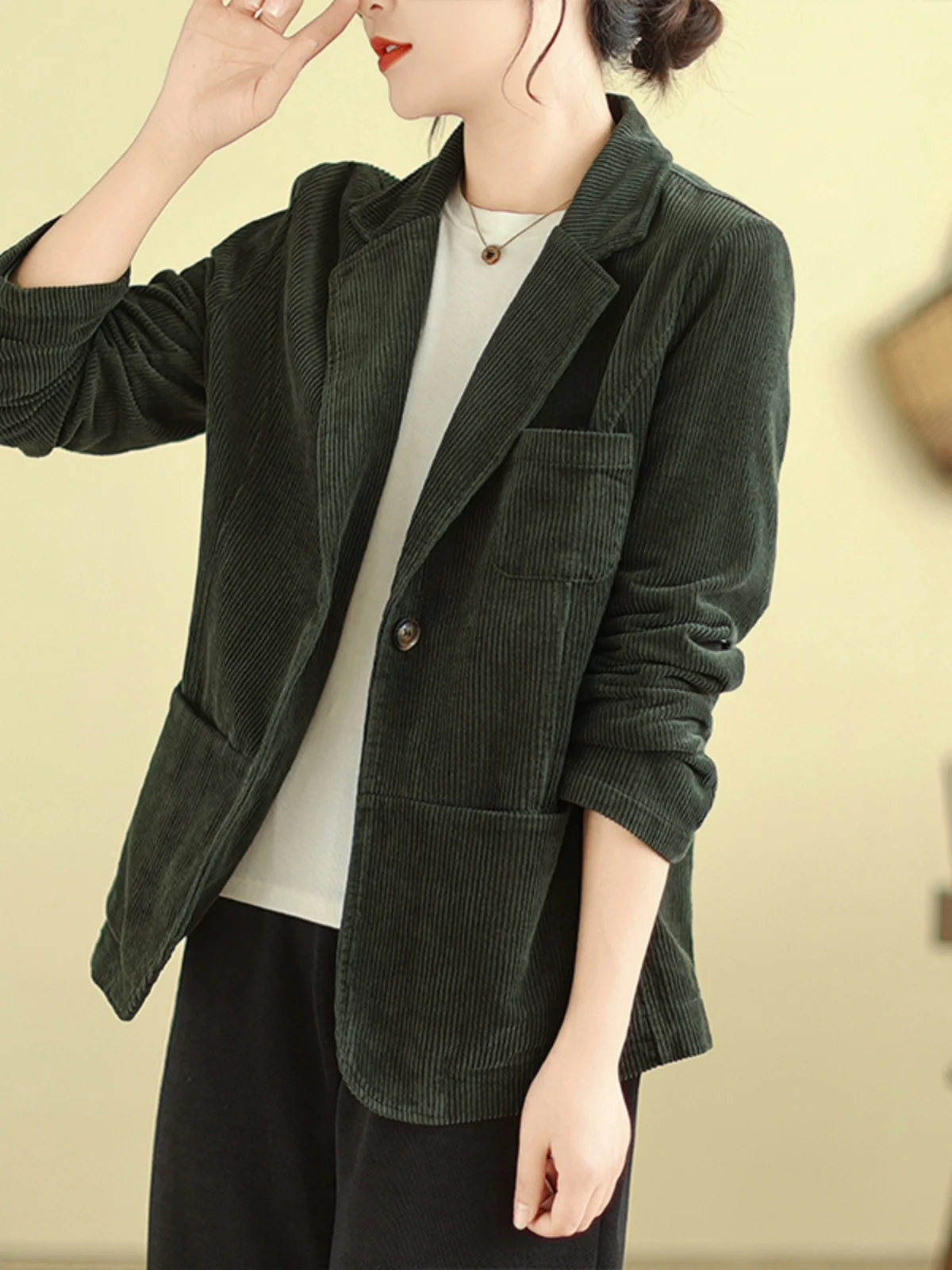 

Retro Velvet ort Suit Jaet Women's Casual Ele Sle Spring Autumn Slimming Top Pure Cotton Long Sve Regular Length