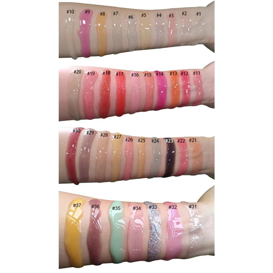 Gros marque privée maquillage végétalien Logo personnalisé huile pour les lèvres fruitée repulpante conception ondulée brillant hydratant brillant Non collant brillant à lèvres