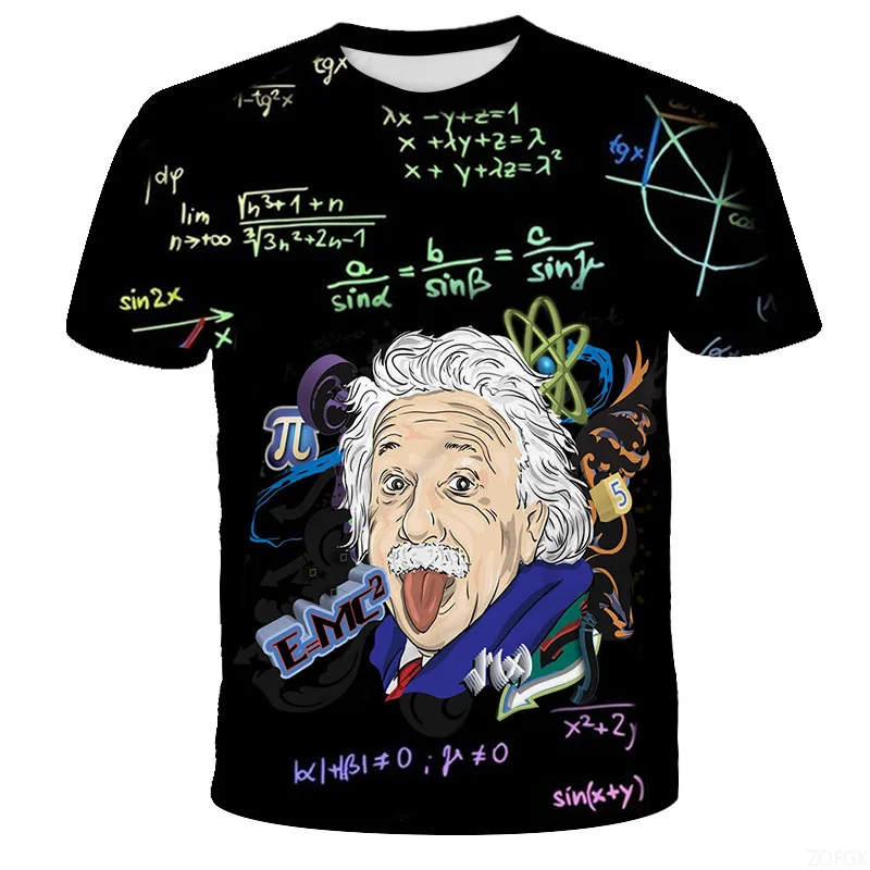 Camiseta de manga corta con cuello redondo informal Einstein con fórmula matemática de dibujos animados en 3D estampada de verano para niños y niñas