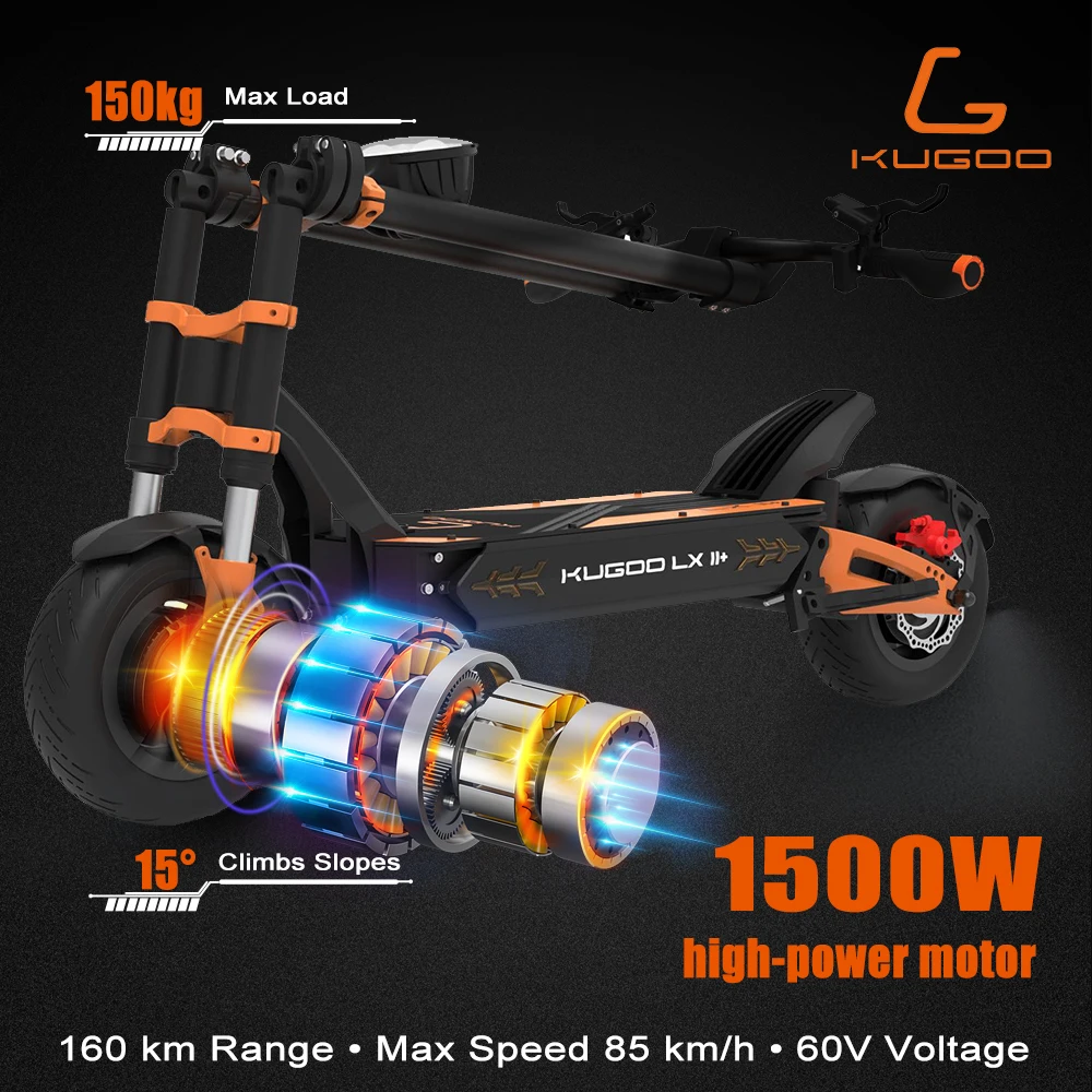 KUGOO LX11 + 160KM Scooter portátil de largo alcance 1500W potente Motor 85 km/h 60V 31Ah Scooter Eléctrico para adultos