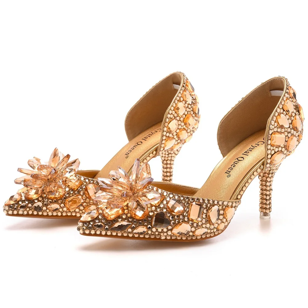 Fashion Pointed Toe Pumps Sandals Elegant Crystal PU 7.5CM Thin Heels Princess  Slingback Casual Woman Shoes Dress White image 3
