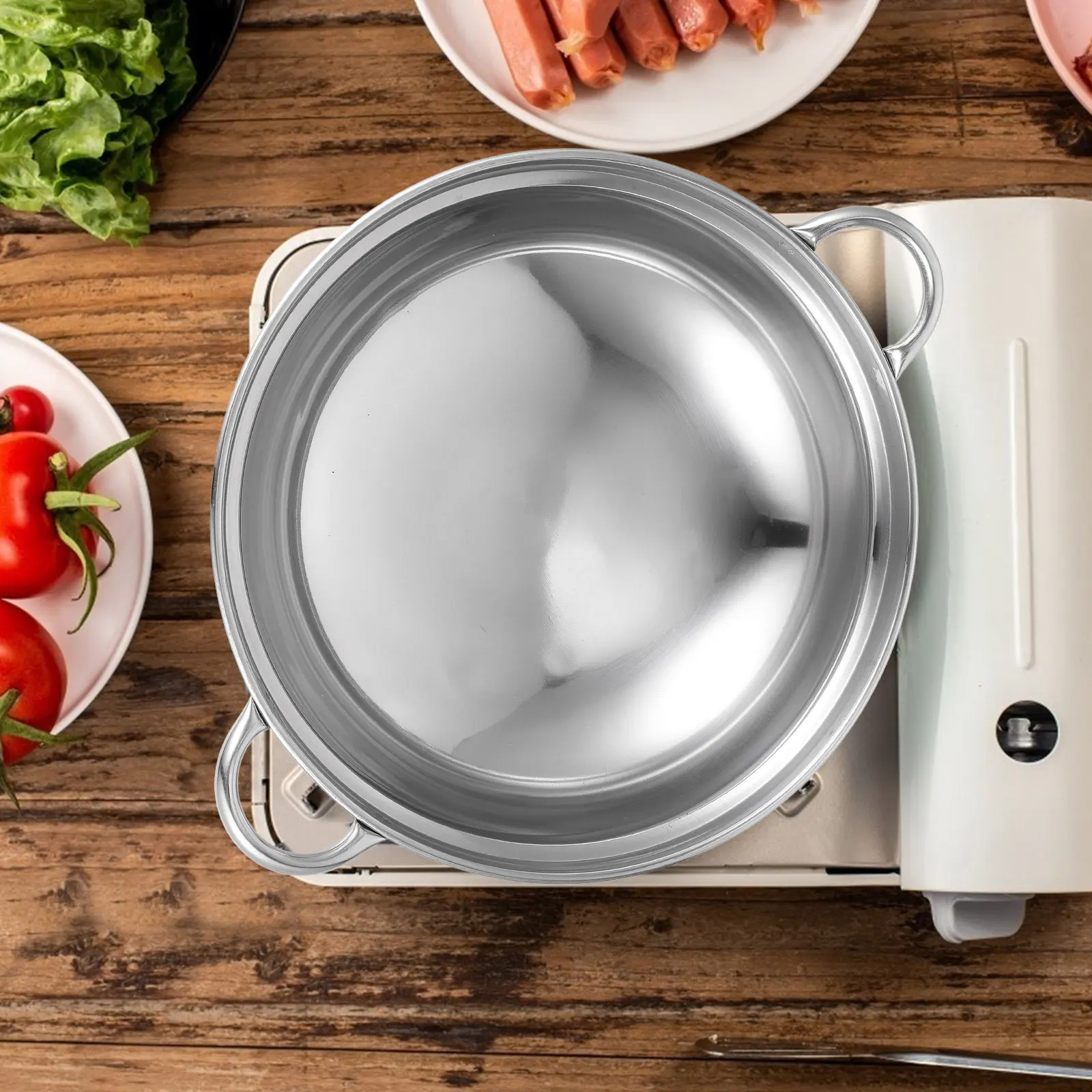 

2Pcs Stainless Steel Hot Pot Metal Cooking Pot Double Handle Thickened Non-Stick Kitchen Pan Portable Cooking Tool