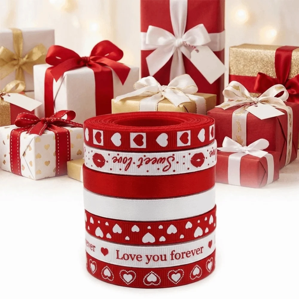 5 Yards Red Love Printed Ribbon Single-Sided Handmade Ribbon Heart Print Ribbon Polyester Gift Wrap Rope Valentine's Day view 3