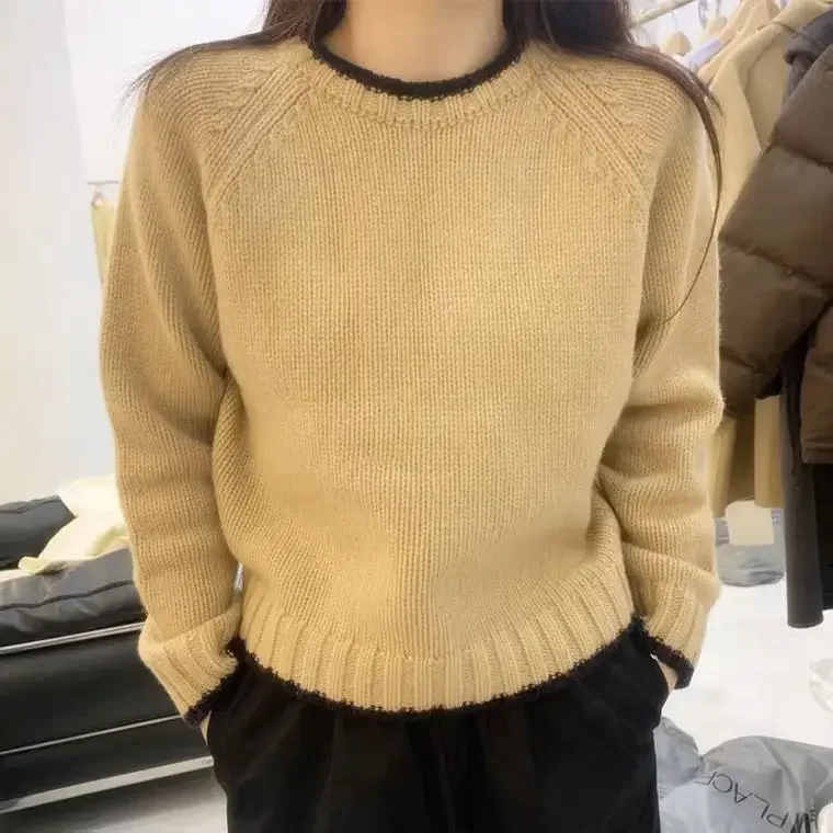Sweter sweter z wełny damski pulower z okrągłym dekoltem sweter koreański pogrubiony luźny wełniany sweter sweter z wełny jesienno-zimowa dzianinowa