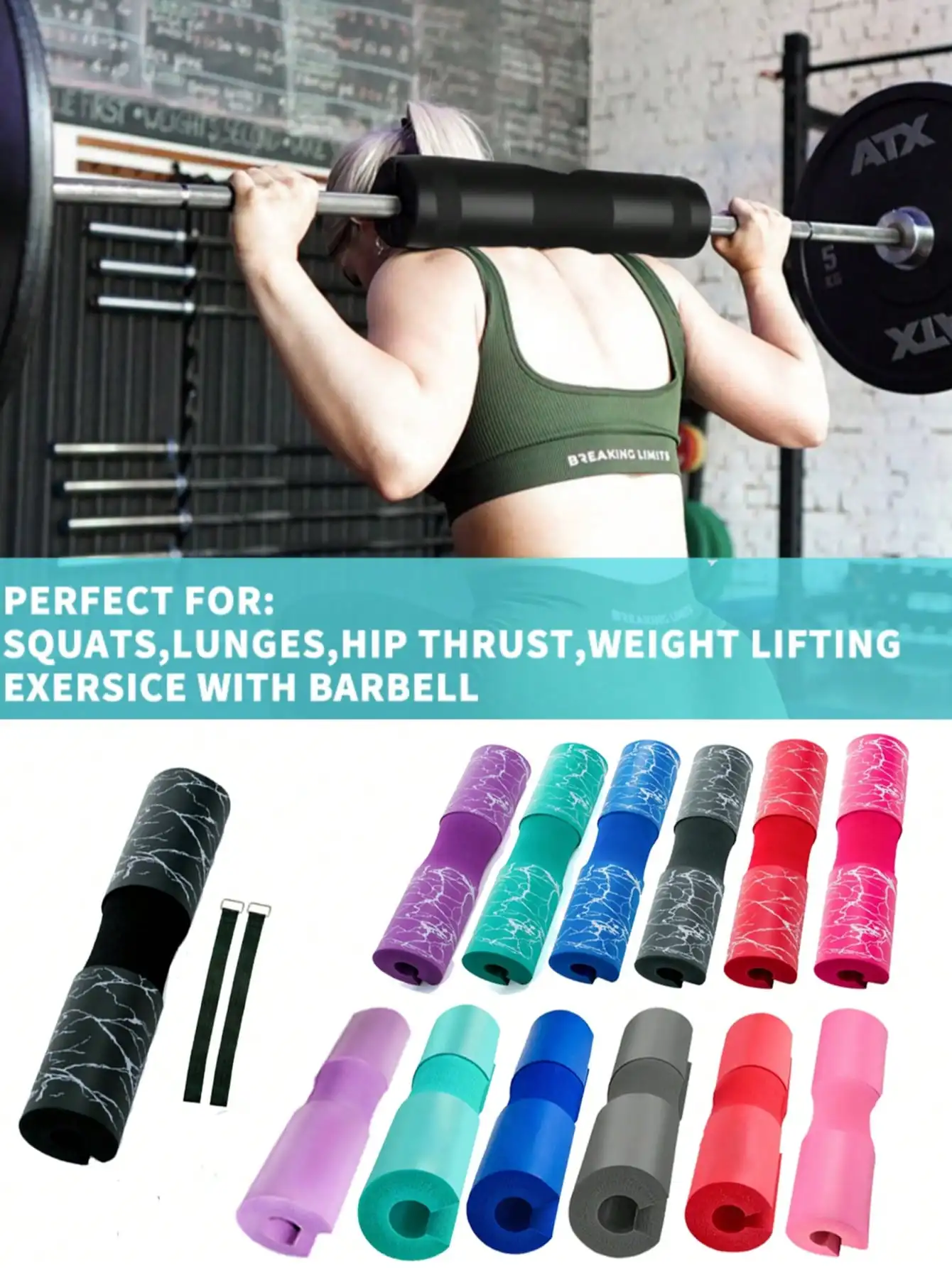 Foam Barbell Squat Pad for Hip‑Thrust Lunges, Relieve Neck‑Shoulder Stress, 1 Pad with 2 Straps, Multiple Colors Available