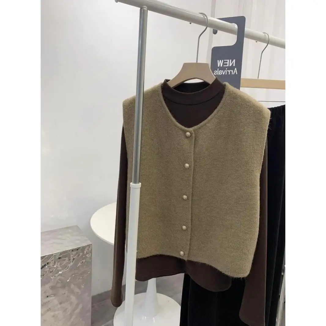 سترة نسائية محبوكة مستديرة سترة طبقات فضفاضة تناسب الخريف والشتاء Faion تخفيف Sle لون نقي طويل Sve #4