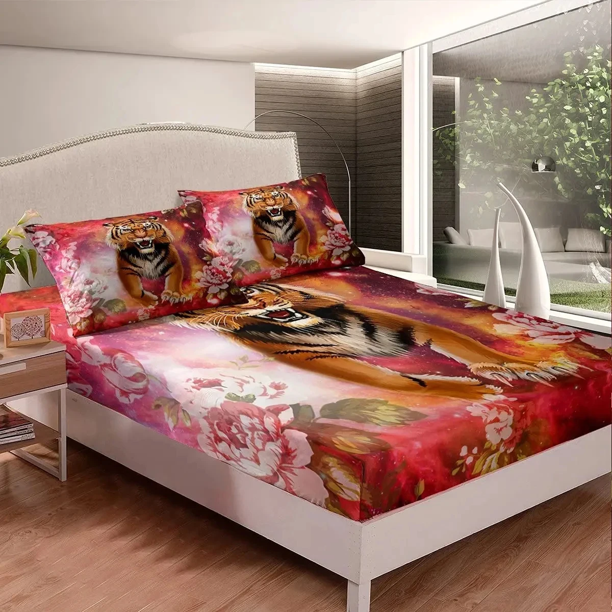 Wildlife Tiger Fitted Sheet Queen Full Size, Flowers and Tiger Print Bedding Set for Teens Child Gift, Wild Animal Bed Sheet Set