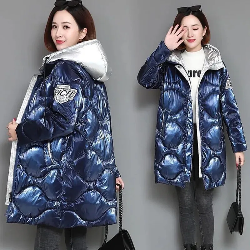 Winter Spliced Glossy Down cotton Jacket Women\'s Clothing 2024 Winter Female New Thicken Parka Warm Loose Hooded cotton Coats