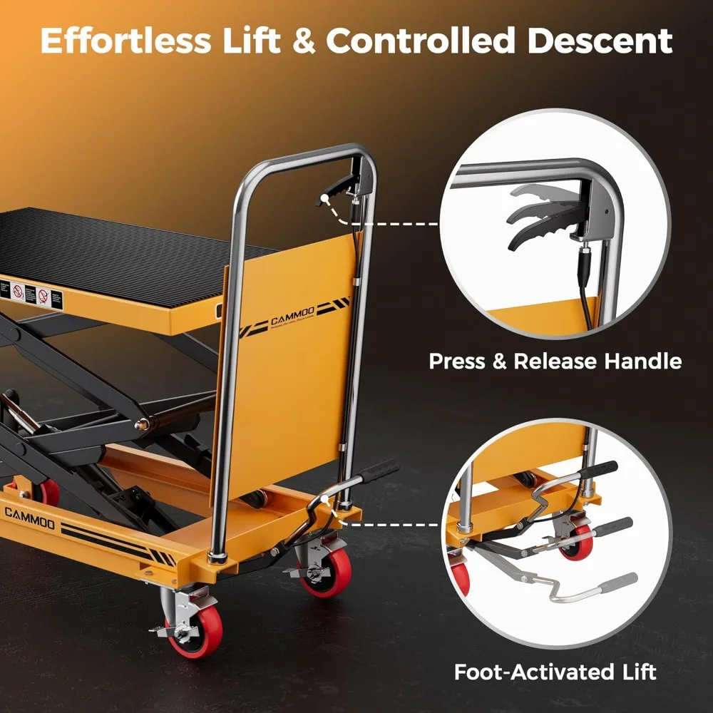 Hydraulic Lift Table Cart, 330lbs Capacity 49.6 Lifting Height, Double Scissor Lift Table with Non-Slip Pad & Safety Guard for M