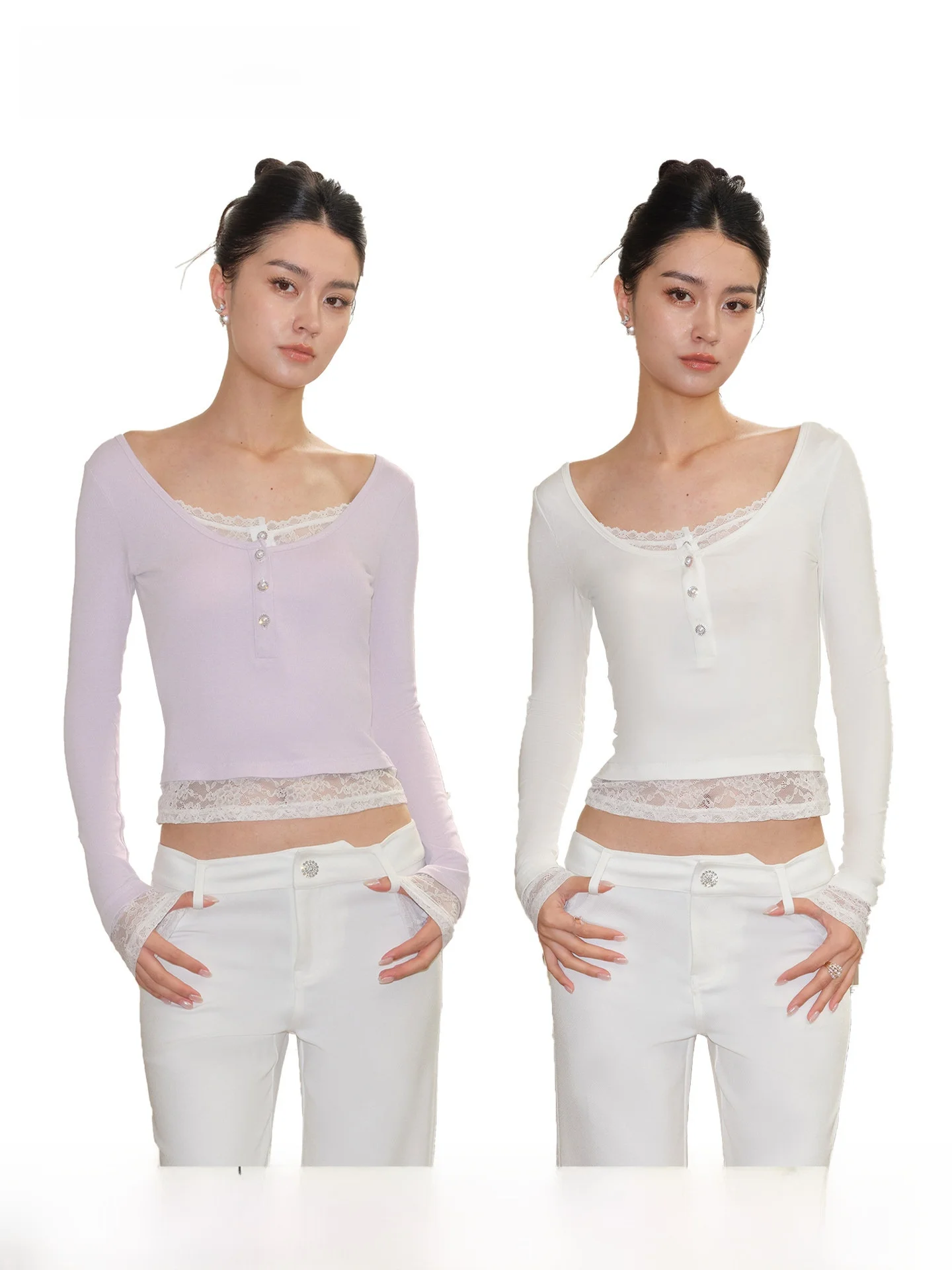 

Ele Lace Base irt Slim Fit Henry Collar Diamond Button Long Sve Soft Viscose And Spandex Blend ort Length Top