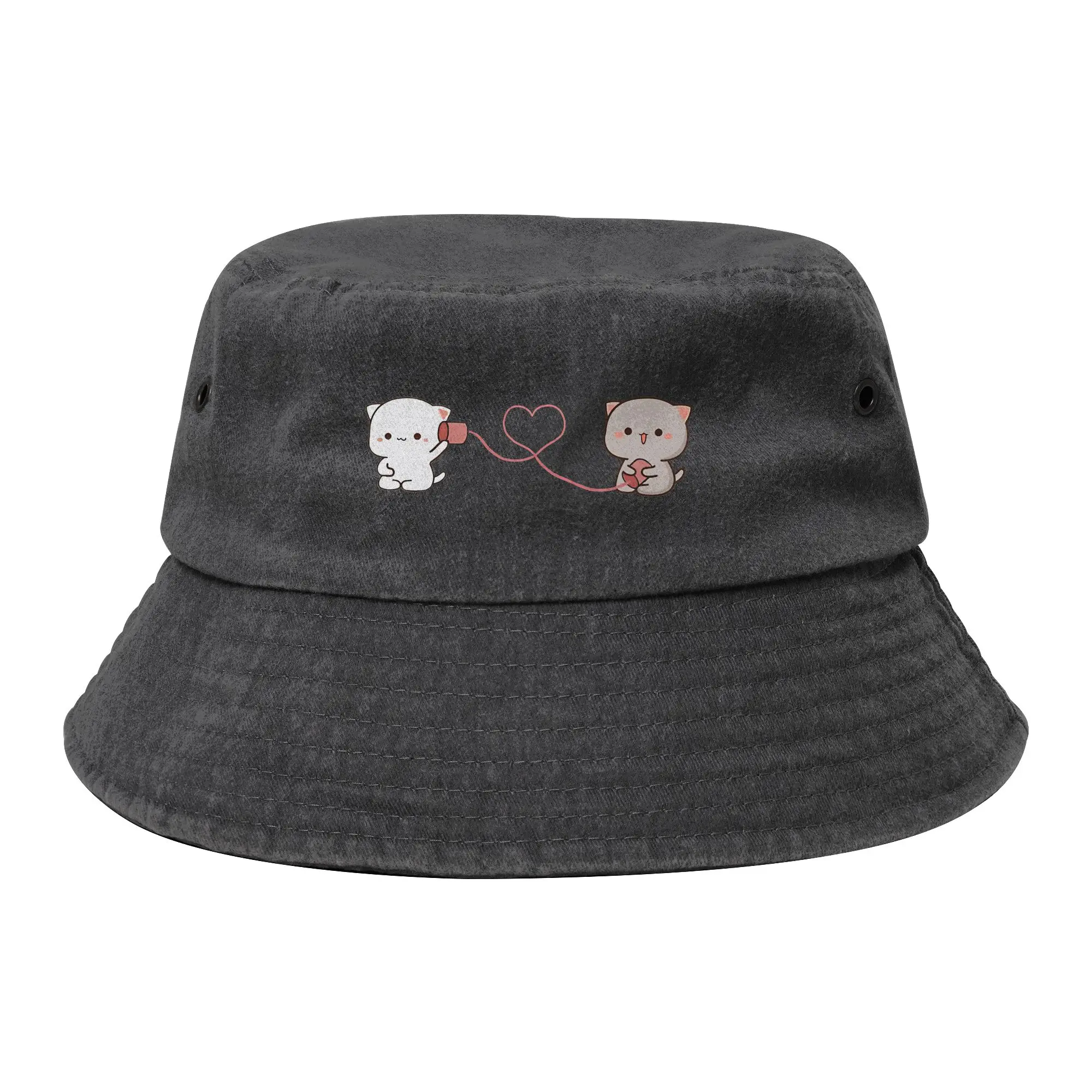 Chapeau Bob Peach and Goma Love Call pour Adolescents, Chapeau de Soleil Mochi Cat Effet Vieilli et Délavé, Protection UV pour les Vacances et la Pêche