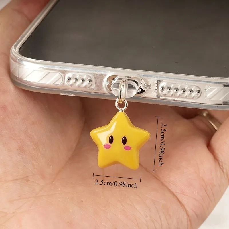 Lindo Tapón de Polvo para Teléfono Estrella Amarilla 3D Accesorios Decoración Colgante Para iPhone Para Samsung Tipo-C Puerto de Carga 3