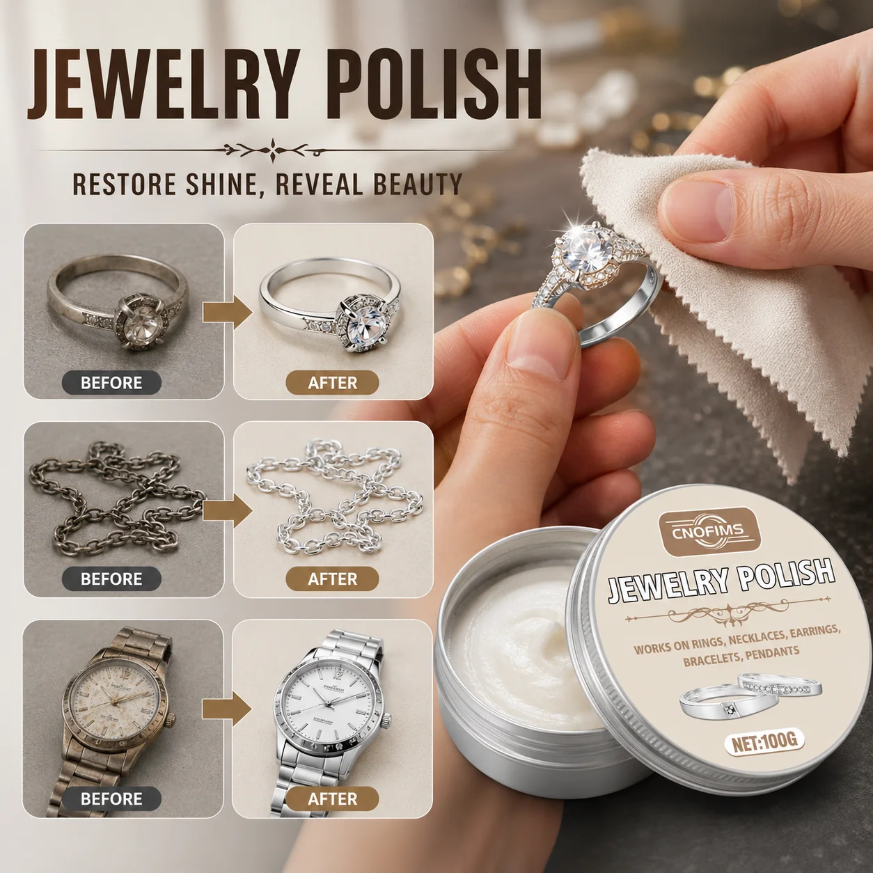 Jewelry Shine Restoration Cream, Polish and Cleaner for Gold, Silver, Rings, Earrings and Necklaces