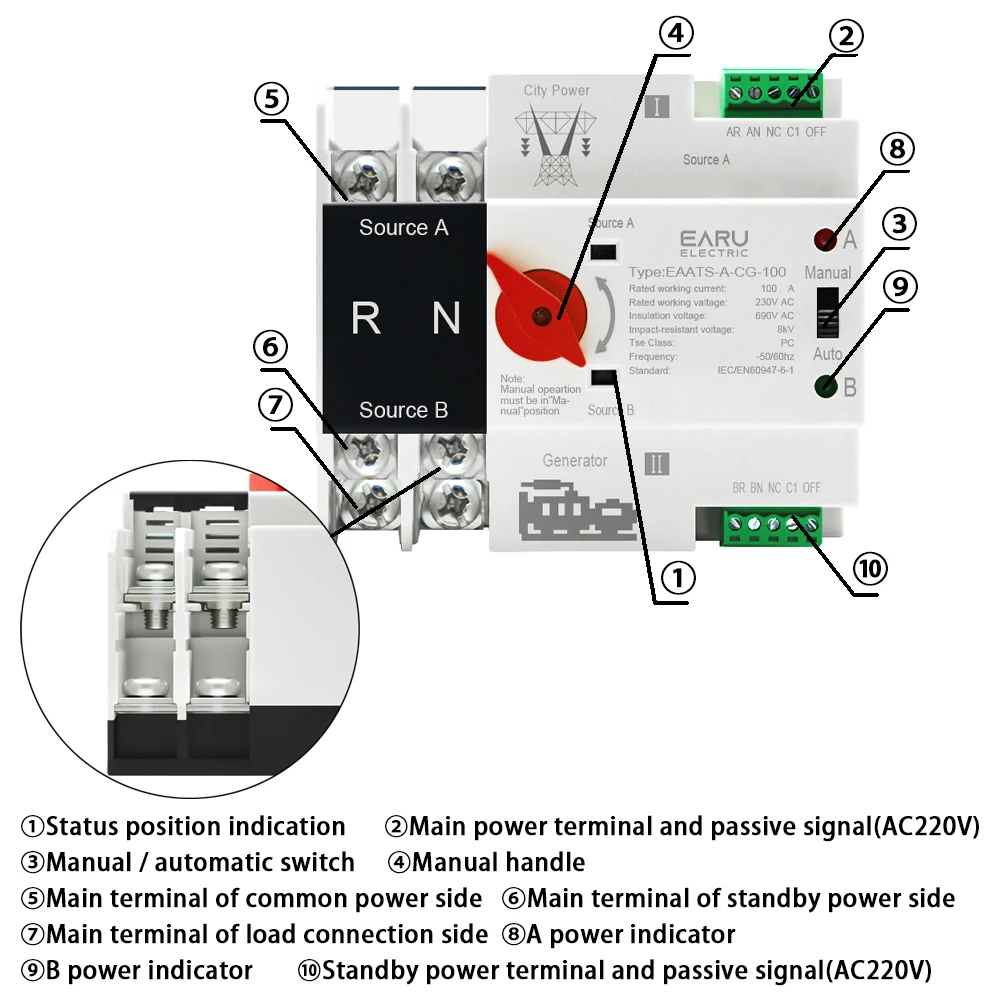 Imagem -04 - Interruptor de Transferência Automática de Dupla Potência Interruptores Seletores Ininterrupto Gerador de Energia de Milissegundos Trilho Din 2p Ats 100a 220v ac