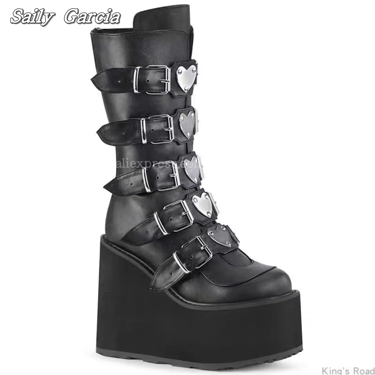 Rock Punk Style Back Zipper Wedges Mid Calf Motorcycle Boots Mary Jane Size 35-43 Buckle Strap Boots Round Toe Casual Boots