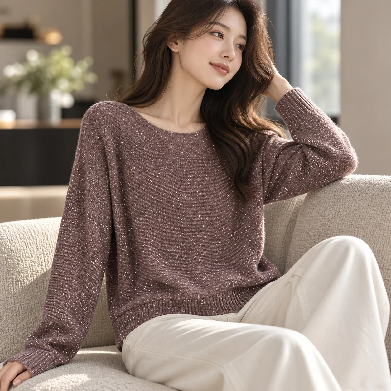 Casual Long Sleeve Sweater Regular Fit Crew Neck with Metallic Thread Pullover Mid Length Regular Thickness Women Sweater