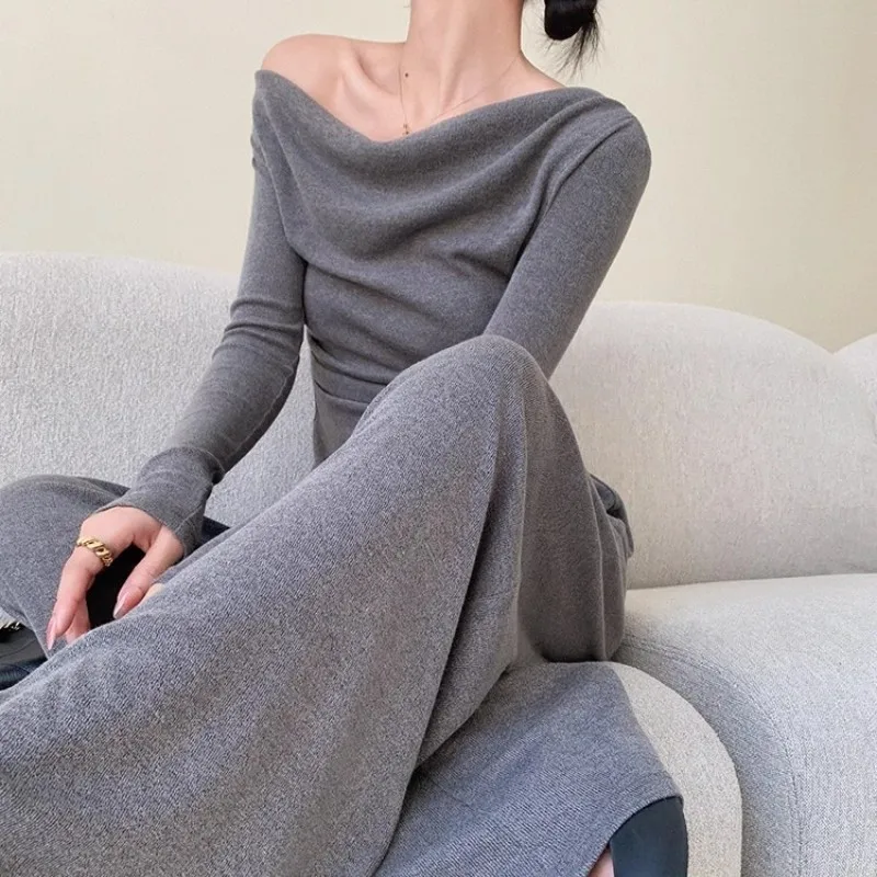 Knitted Fashion Set Women\'S 2023 Autumn/Winter Design Irregular Off Shoulder Long Sleeve Top+Elastic High Waist Wide Leg Pants