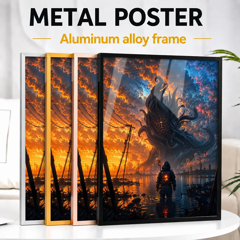 Cosmic Entity Over Ruined City Sunset Framed Metal Print Personalized Painterly Wall Art For Living Room And Creative Studio