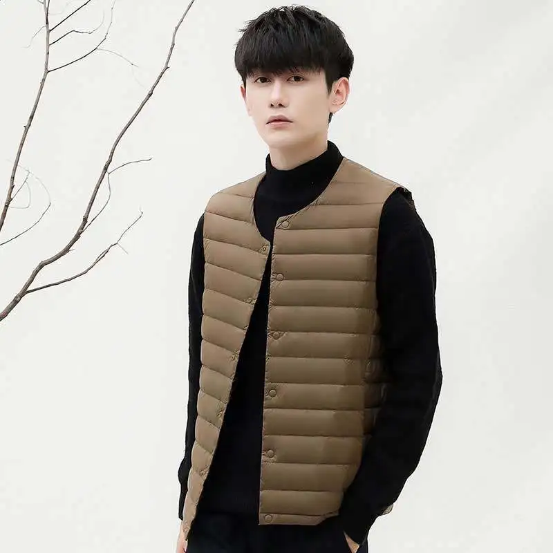 New men's collarless thin down vest round neck sweetheart neck vest men's down jacket lining large size