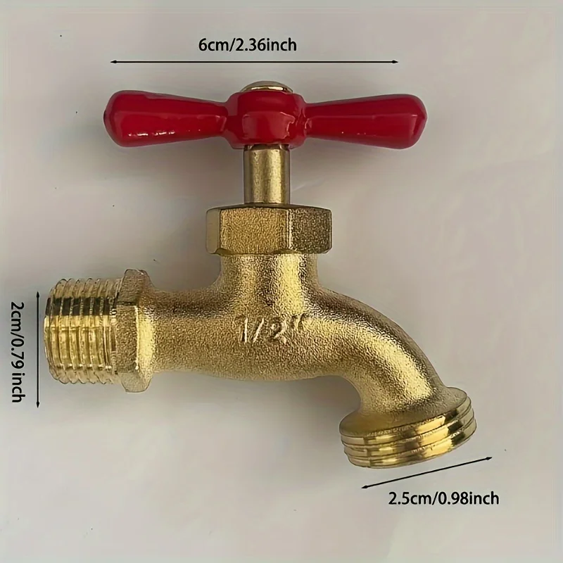 1Pc 1/2 Inch Brass Outdoor Water Tap with Red Handle, Durable Garden Bibcock Faucet