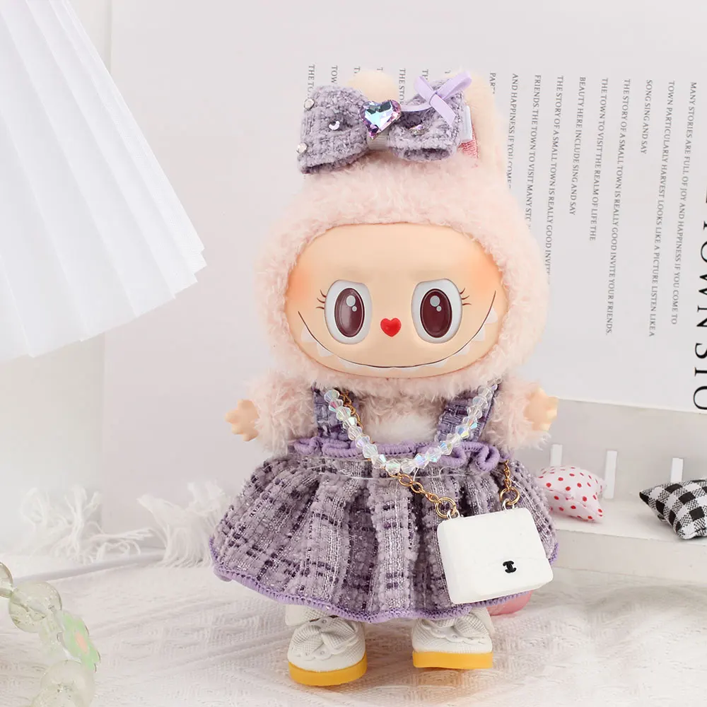 For Labubu Purple small fragrant dress with hairpin, pearl necklace, and white bag  Doll Costumes  17cm Clothing Shoes Doll DIY