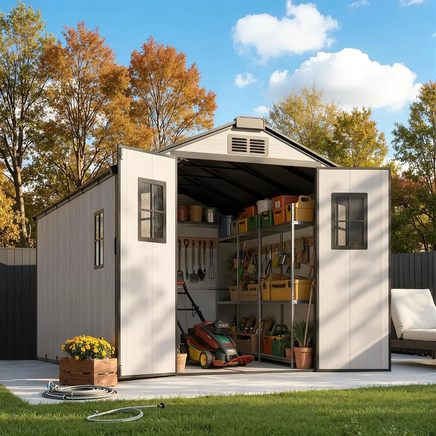 Large Storage Shed 8X12 Waterproof Plastic Resin Garden Tool Walk in Backyard Utility Window Lockable Door Patio, Customized