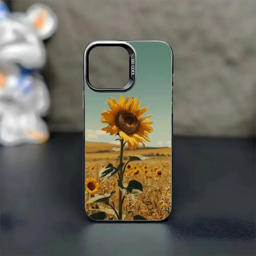 เคสโทรศัพท์ลายดอกทานตะวันสุดโรแมนติก สำหรับ iPhone 16,15,14,13,12,11,Mini,Pro,MAX สีดำด้าน กันกระแทก