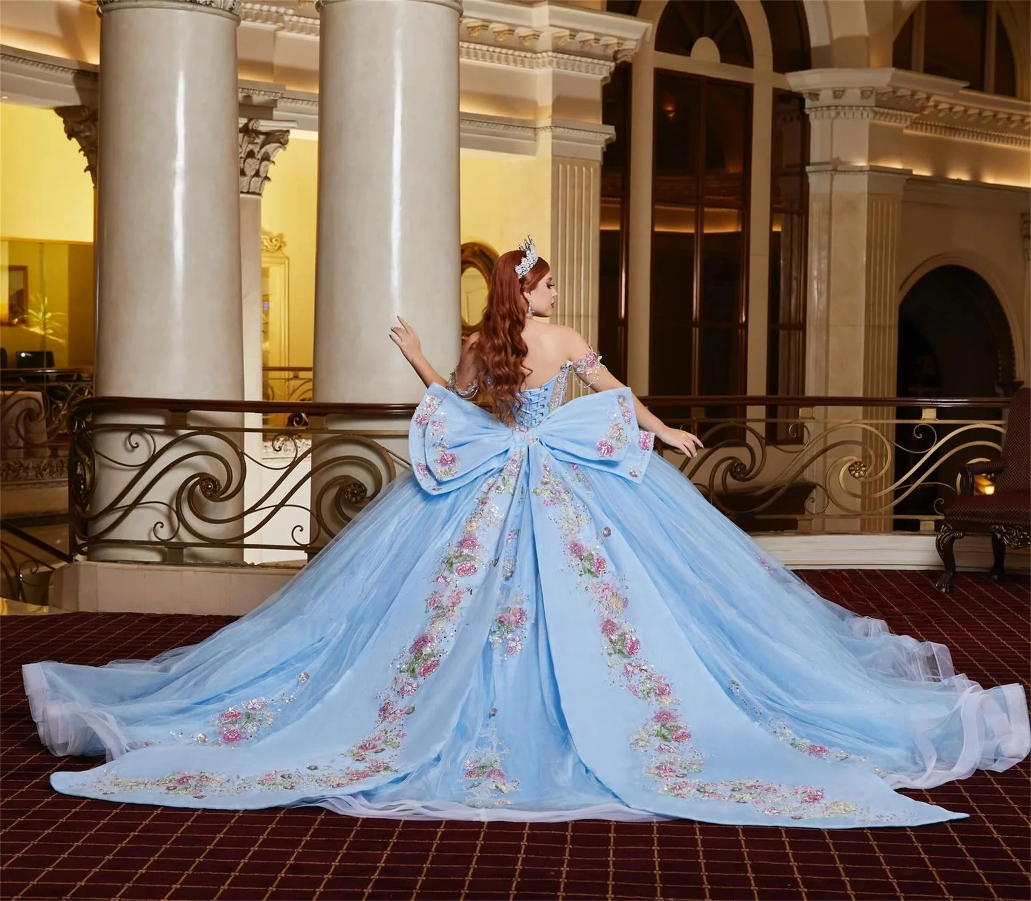 Glitter Light Sky Blue Quinceanera Dress Ball Gown Floral Applique Beading Bow Sweet 16 Vestidos De 15 Anos Customized