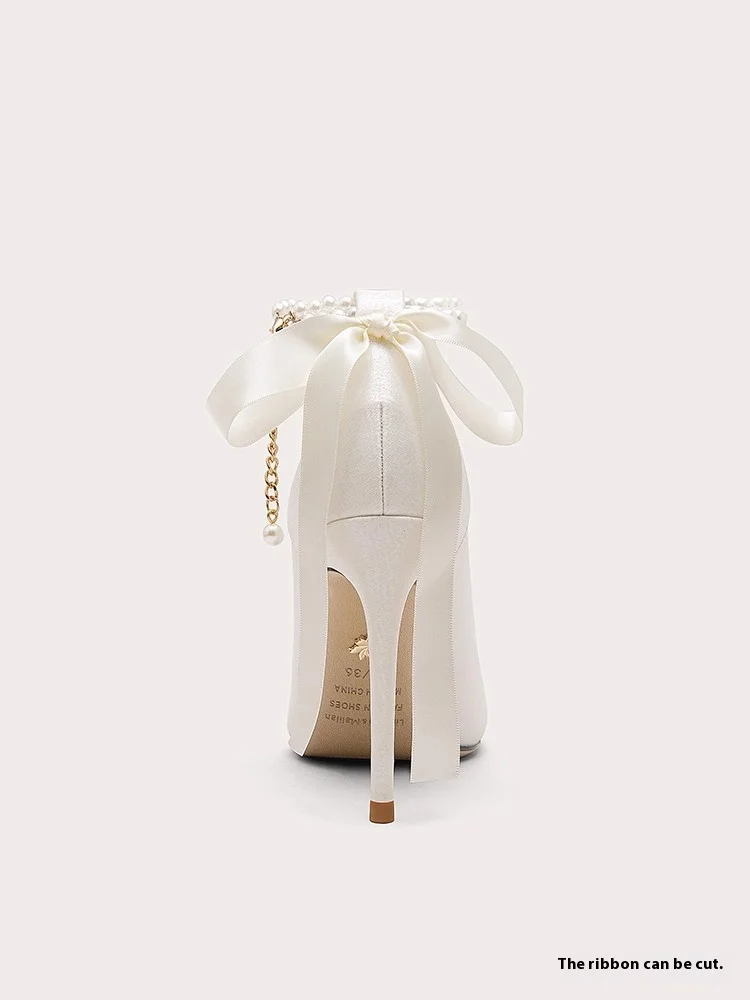 Flat thin high-heeled wedding shoes spring silk pearl ribbon bow banquet large size small size waterproof platform women's shoes