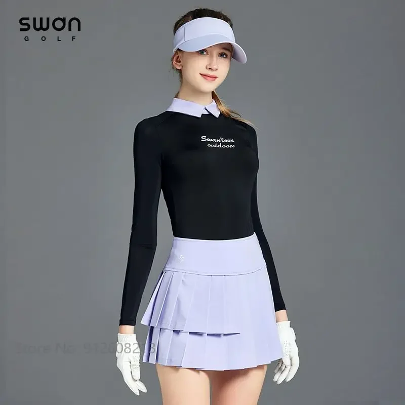 SG Summer Ice Silk Topy z długim rękawem Girl Cooling Sunscreen Golf T-shirt Korean Women Anti-light Skirt Pleated Golf Culotte Sets