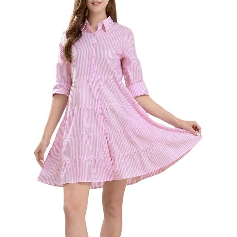 ASDS-Damska sukienka koszulowa midi w paski, zapinana na guziki, codzienna, luźna, z długim rękawem z mankietami, sukienki o średniej długości