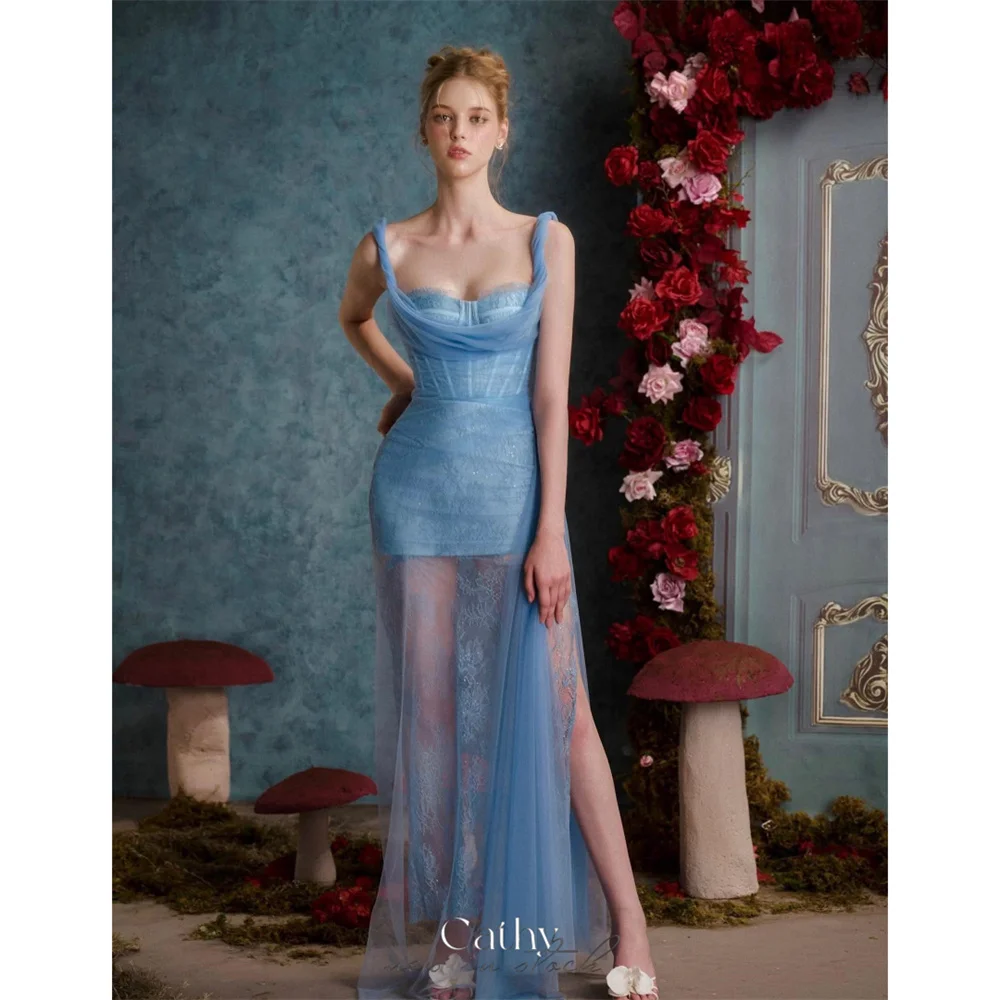 

Cathy Customized Blue Sheath Lace Embroidery Prom Dresses Sleeveless Illusion vestidos de noiva Corset High Split Formal Evening