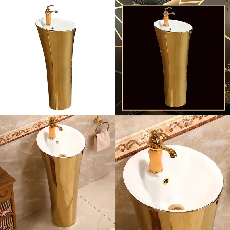 Gold Pillar Integrated Wash Basin with Faucet One Piece Shampoo Sink Bathroom Vanity
