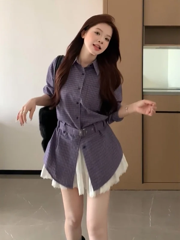 

Unique Purple Plaid irt Women's Spring 2026 New Design Slim Fit Long Sve Top Korean Sle Breathable Comfortable Skin-Fr...