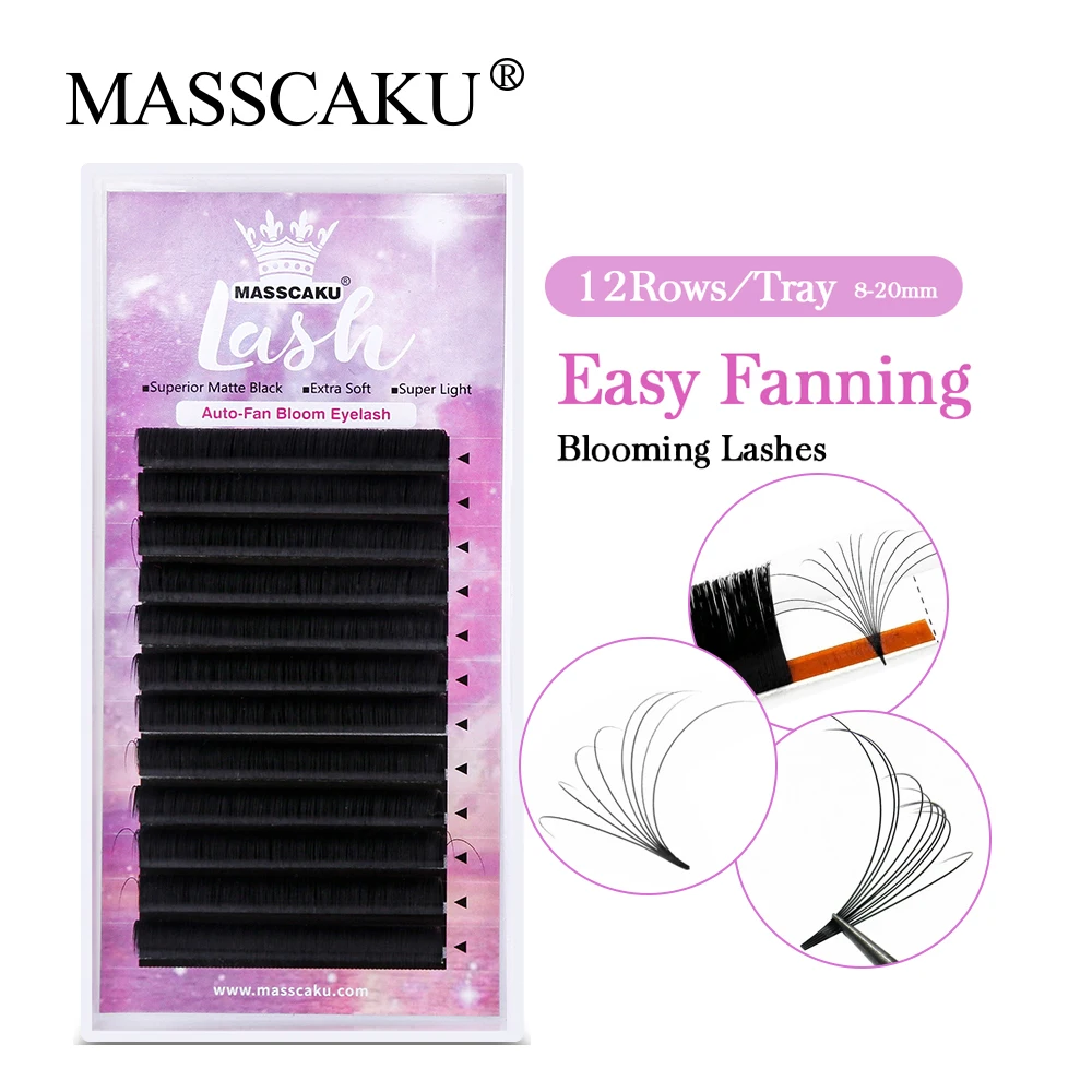 MASSCAKU 1 Second Easy Fan Lash Premade Volume Fans Auto Blooming Eyelash 0.05/0.07/0.10mm 8-16mm Long Lasting for Lash Building