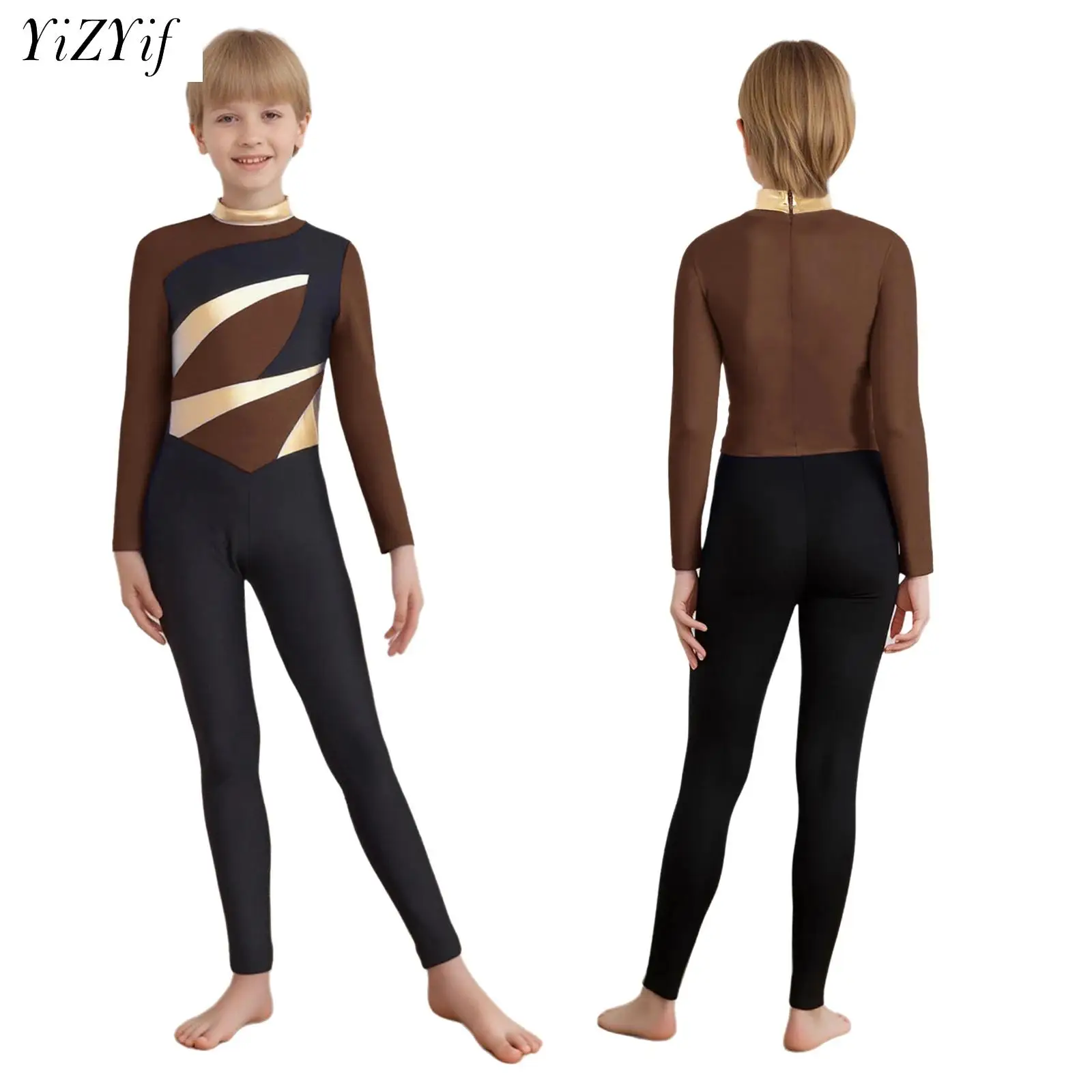 Kids Boys Figure Skating Acrobatics Gymnastics Leotard Long Sleeve Metallic Ballet Dance Yoga Unitards Jumpsuit Stage Dancewear