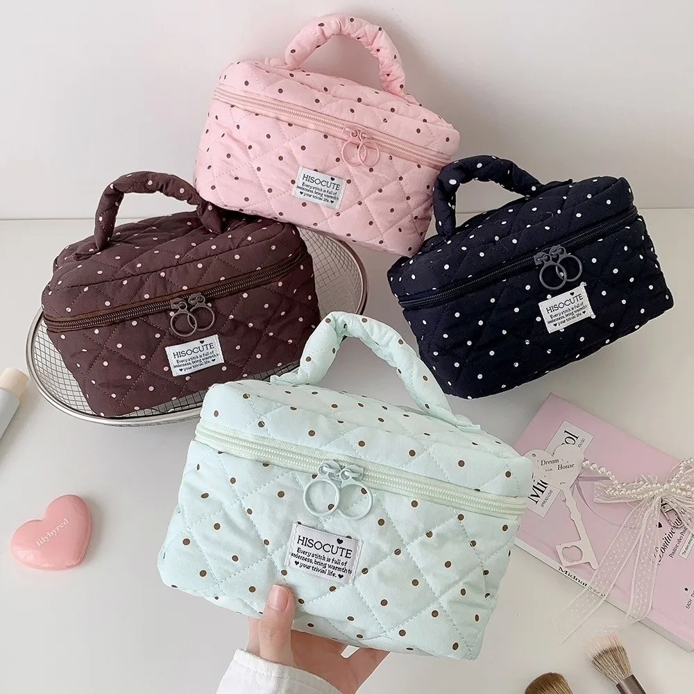 Polka Dot Pattern Quilted Makeup Bag Large Capacity With Handle Travel Toiletry Organizer Multipurpose Cosmetic Bag Women