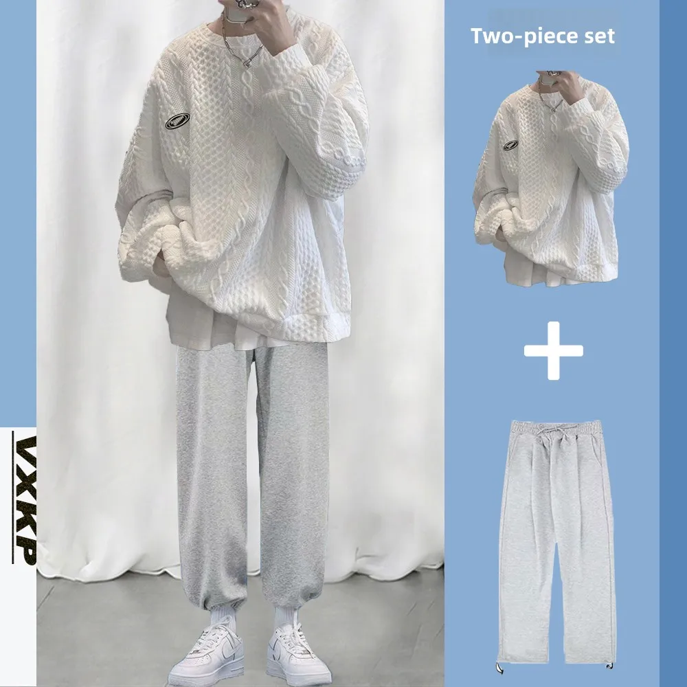 

Men's Casual Streetwear Sweatirt Set Spring Autumn Foam Twisted 3D Design Long Sve Long Pants Two-Piece Set for Teens