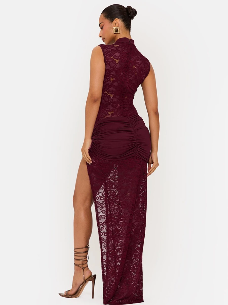 FDYOUI Woman Clothing Sleeveless Hollow Out Lace Long Maxi Dress Lady Sexy See-through High Slit Cocktail Party Dresses Red Gown