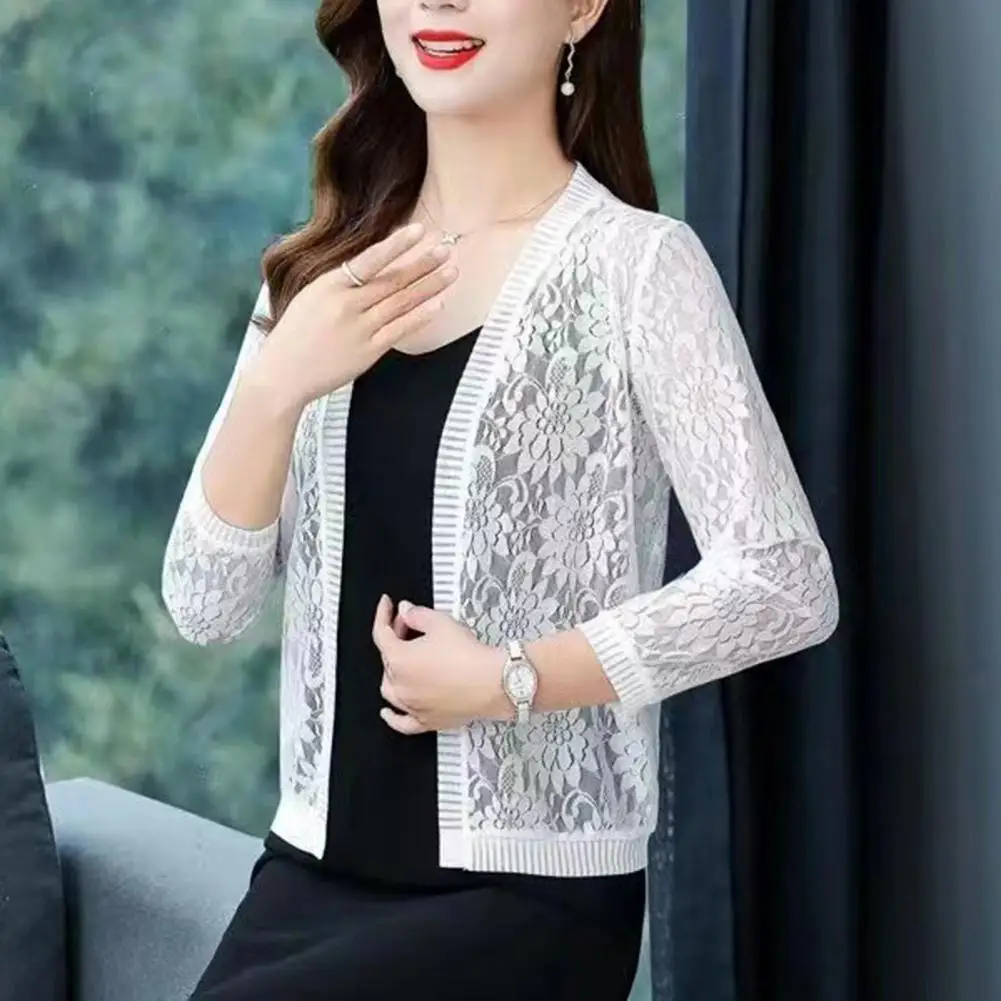 Women Lace Cardigan Open Front 3/4 Sleeves Flower Pattern Sheer Sun Protection Ladies Summer Short Top Cover Up Streetwear