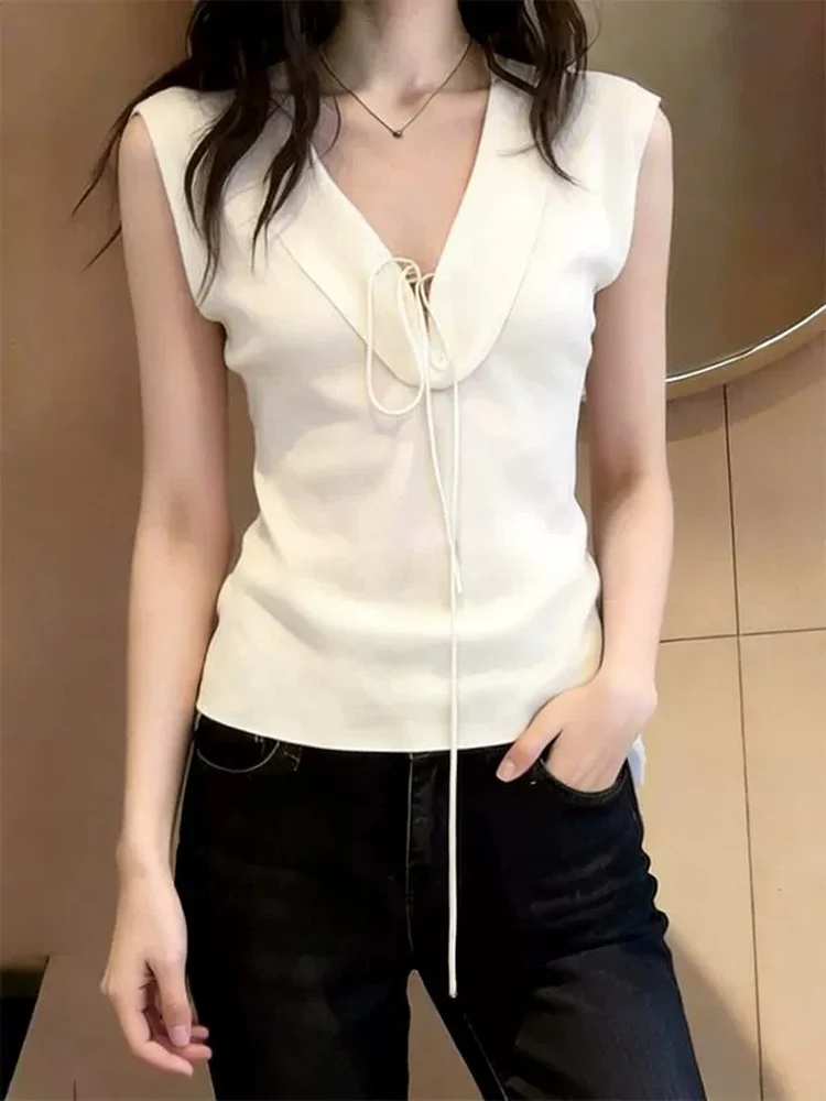 Slim Fit V-Neck Waistband Sleeveless Vest Women's Summer Fashion Top Brand Buckle Euro Style Small Size Breathable Casual Wear