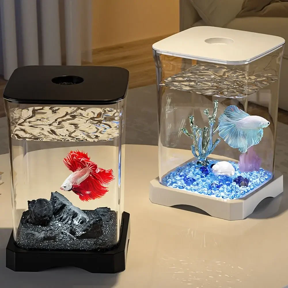 Acrylic Betta Fish Tank Removable with Feeding Hole Mini Goldfish Tank High Transparency Small Landscape Fish Tank