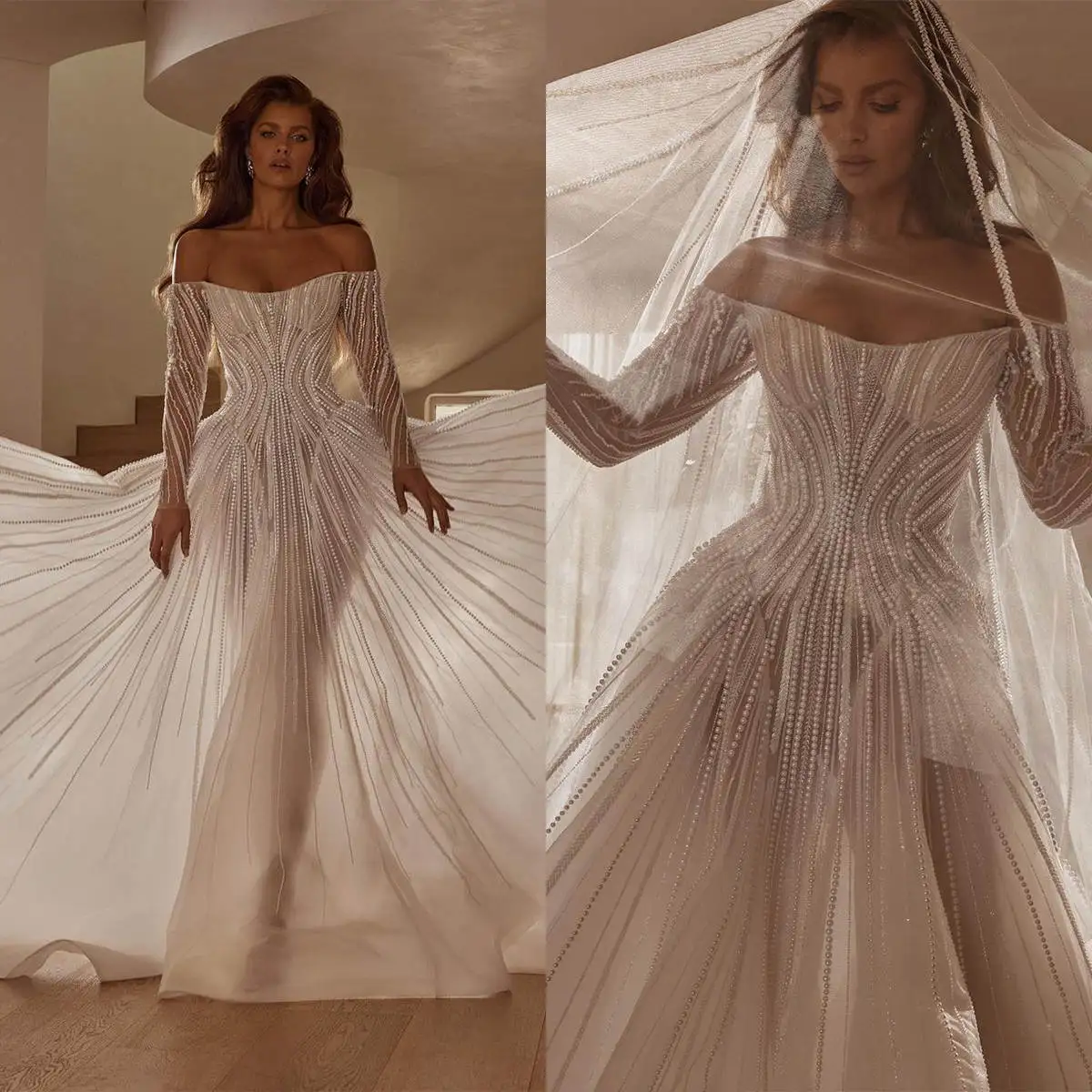 

Luxury A Line Wedding Dress Appliques Pearls Off Shoulder Bride Gowns Long Sleeve Sweep Train Tulle Bridal Dresses Custom Made