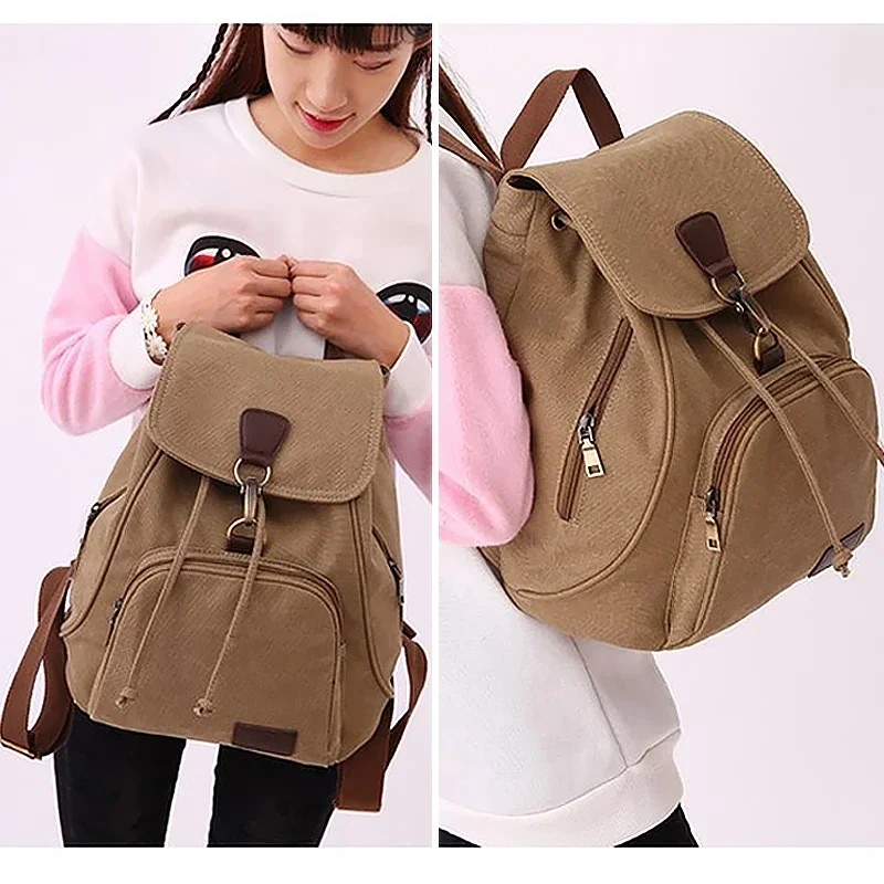 Women Canvas Backpack Female Vintage Pure Cotton Travel Bag Fashion Drawstring Laptop School Bags Shoulder Bag for Teenage Girls