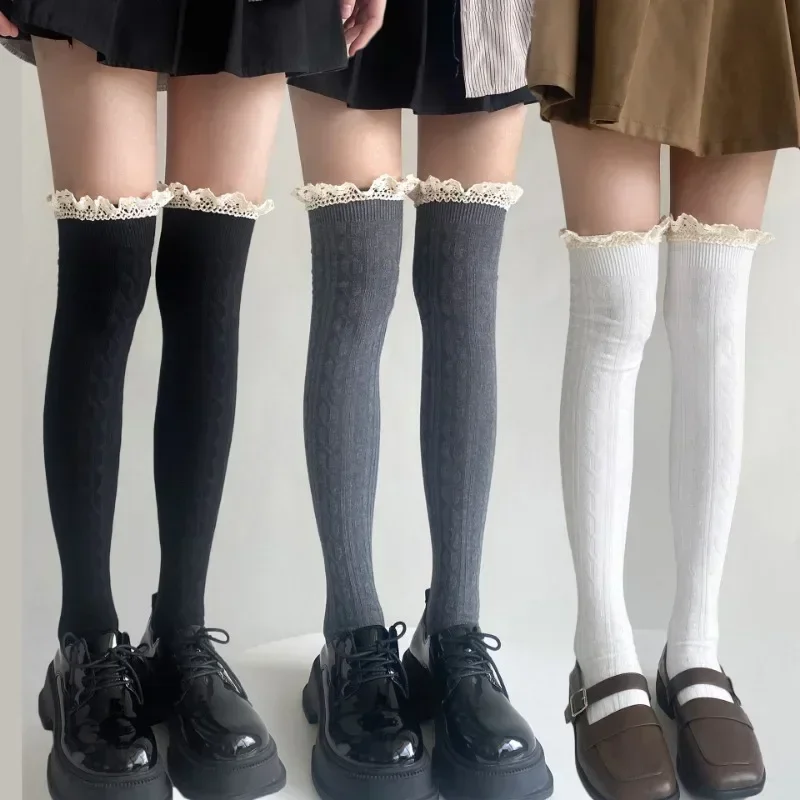 Japanese JK Lace Socks Lolita Lace Women Knitted Pattern Girls Stocking Cute Elegant Solid Color Winter Floor Hosiery Leg Warmer